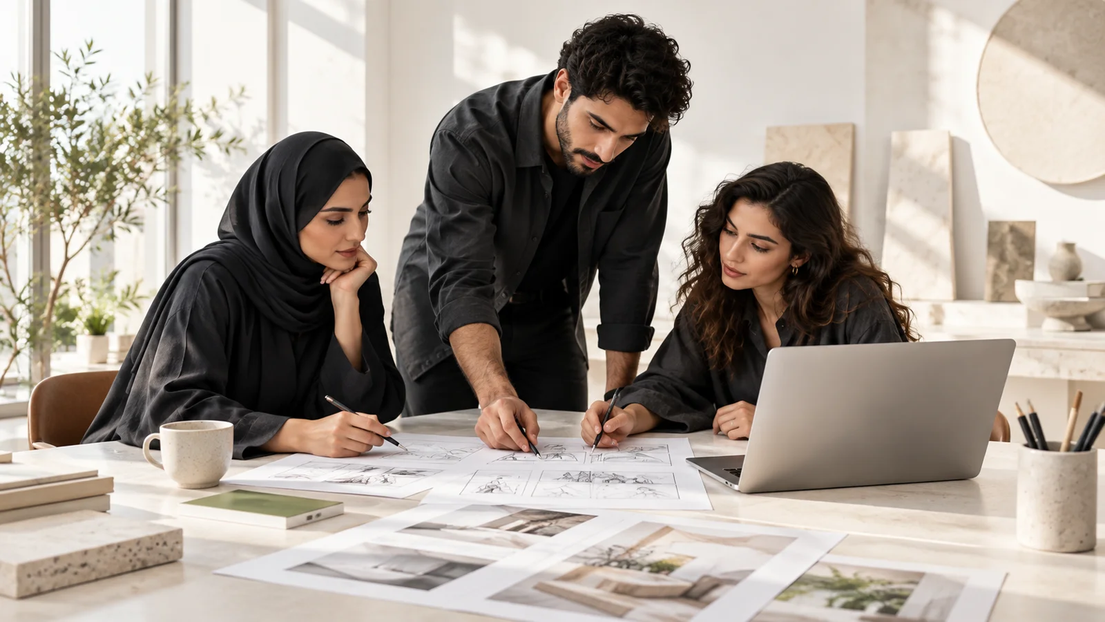 تصویرسازی از همکاری تیم خلاق در یک استودیوی روشن